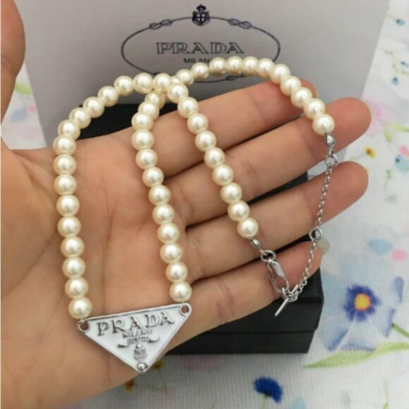 PRADA Triangle Logo Necklace Pearl Superb Condition - Picture 1 of 6